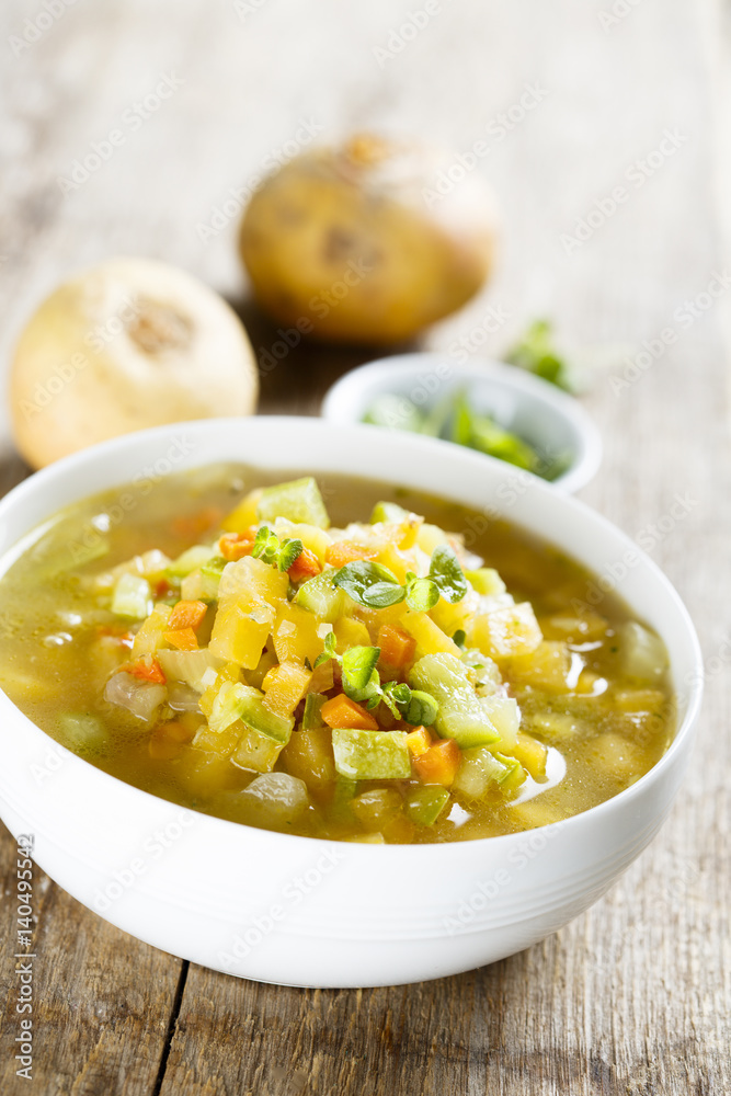 Homemade soup with turnip and other vegetables