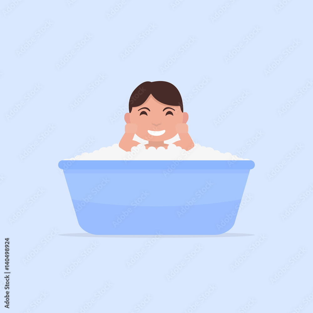 Naklejka premium Vector cartoon little baby bathes in a small bath