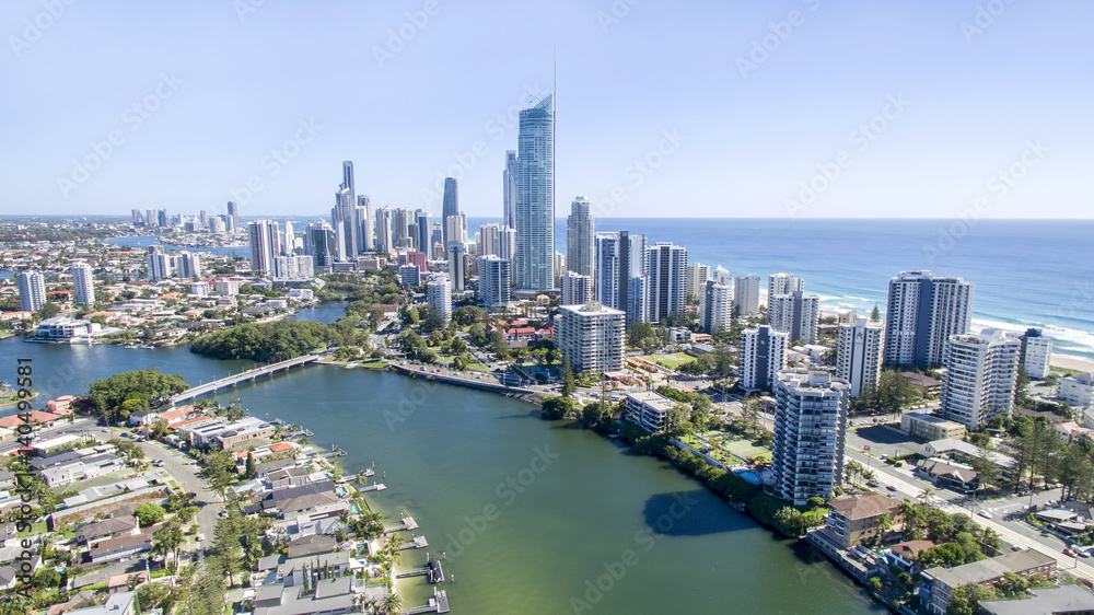Aerial view of Surfers Paradise skyline and Isle of Capri at sunrise