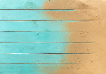 Sea sand on blue wooden floor,Top view with copy space