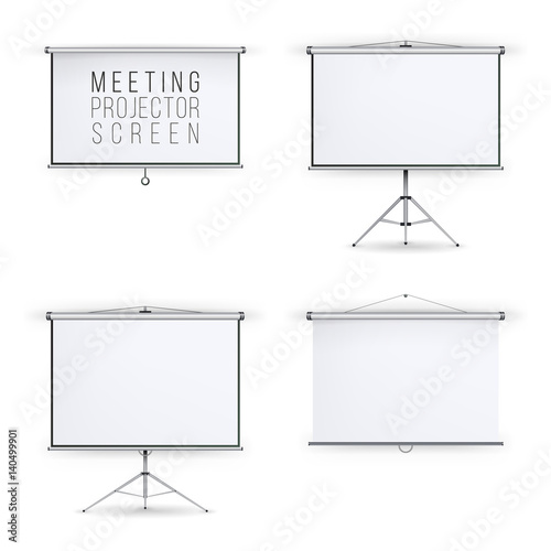 Meeting Projector Screen Vector Set. White Board Presentation Conference With Tripod And Hanging. Empty White Board Presentation And Showing Your Project Illustration