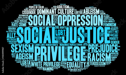 Social Justice Word Cloud on a black background.