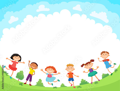 children are jumping on the glade, bunner cartoon funny vector, illustration