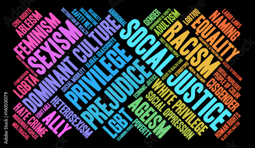 Social Justice Word Cloud on a black background.