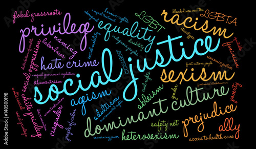 Social Justice Word Cloud on a black background.