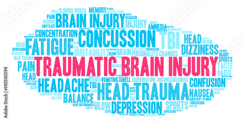 Traumatic Brain Injury Word Cloud on a white background. 