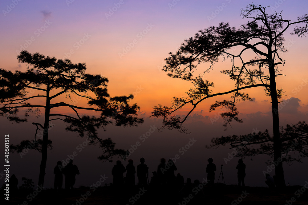 silhouette group of people standing in sunset