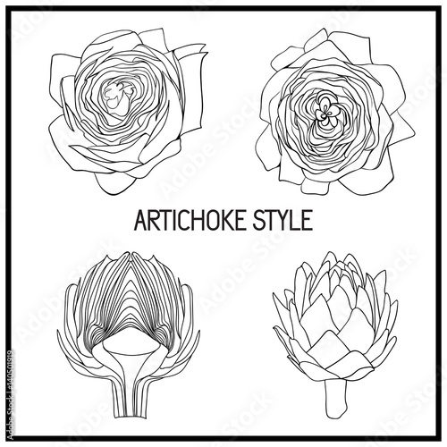 Set of artichoke symbol. Style for beauty salon, eco-store, cafe, restaurant. Ornament for laser cutting or wood carving,