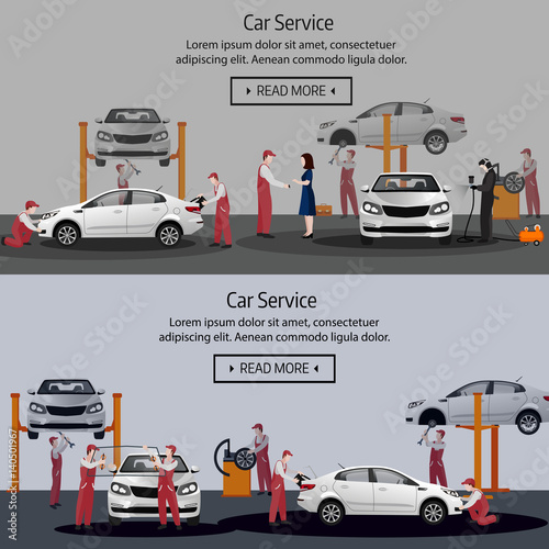 Car repair, flat horizontal banner, maintenance of tires, workers in the process of car repair, painting vehicles, replacing car parts, isolated vector illustration