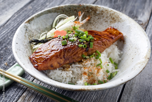 Fotografie Traditional Japanese Salmon Teriyaki with Rice and Vegetable