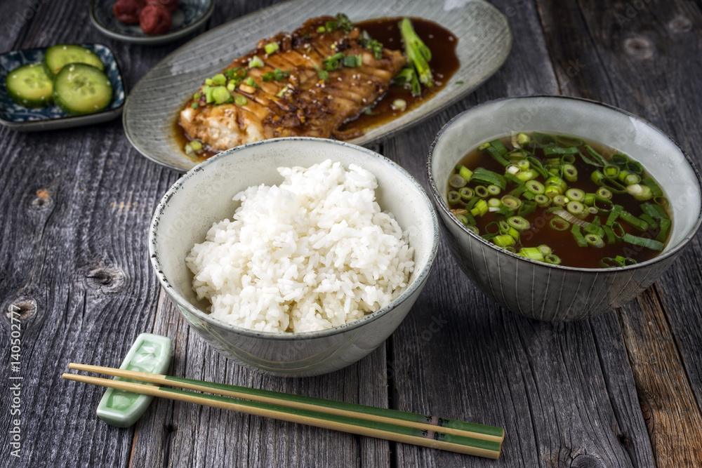 Traditional Japanese Fish Teriyaki with Rice and Miso Soup Traditional Japanese Fish Teriyaki with Rice and Miso Soup