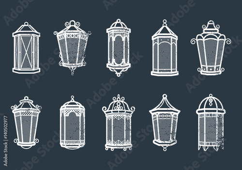 Vector vintage lantern set isolated on dark. Classic antique light. Ancient retro lamp design. Traditional silhouette. Old graphic object design. Elegant collection.