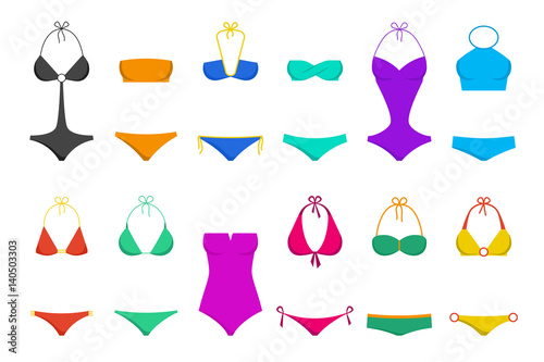 Vector illustration of women's colorful swimsuit design set. Fashion bikini collection. Female stylish swimwear silhouettes isolated. Flat beach clothing underwear.