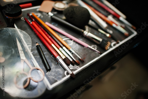 Professional makeup brushes and makeup tools.