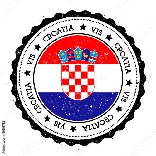 Vis flag badge. Vintage travel stamp with circular text, stars and island flag inside it. Vector illustration.