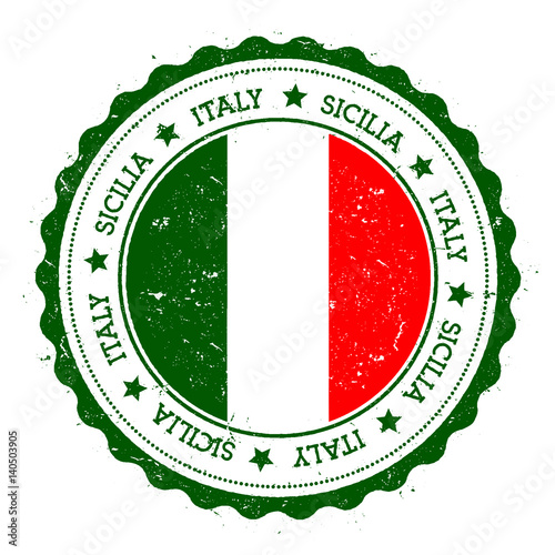 Sicilia flag badge. Vintage travel stamp with circular text, stars and island flag inside it. Vector illustration.