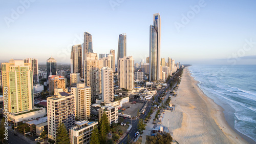 Aerial view of Surfers Paradise beach and coastline at sunrise