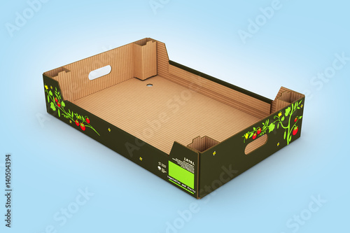 cardboard tray box for vegetables and fruit on blue background 3d