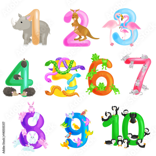 Set of ordinal numbers for teaching children counting with the ability to calculate amount animals abc alphabet kindergarten books or elementary school posters collection vector illustration