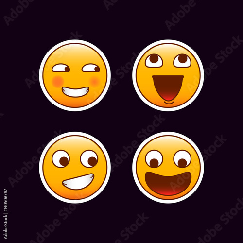 Set of crazy emoticon stickers. Crazy smiles and laughing emojis
