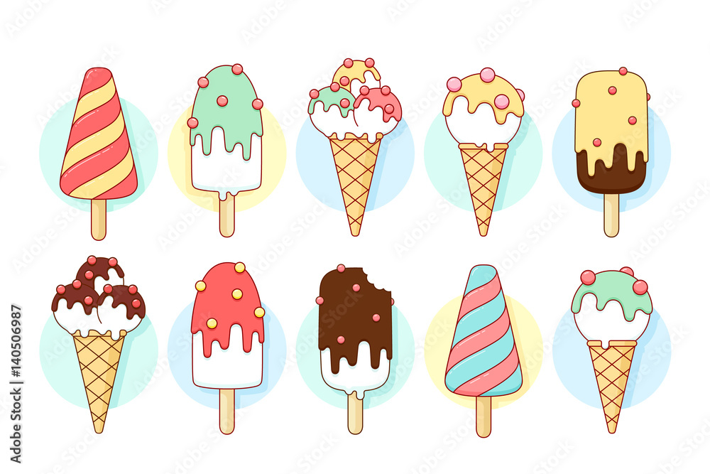 Ice cream icons of different types and shapes. Chocolate and lemon