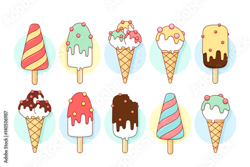 Ice cream icons of different types and shapes. Chocolate and lemon, spiral popsicle and eskimo in waffle cup. Design ice cream and popsicle in line graphic for ice cream shop. Vector illustration