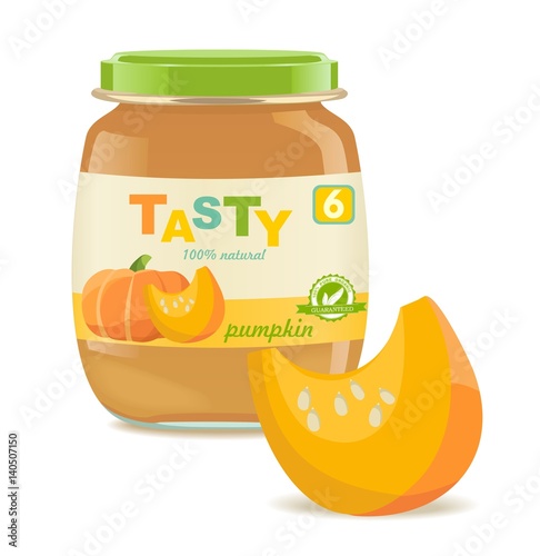 Glass jar with pumpkin baby food