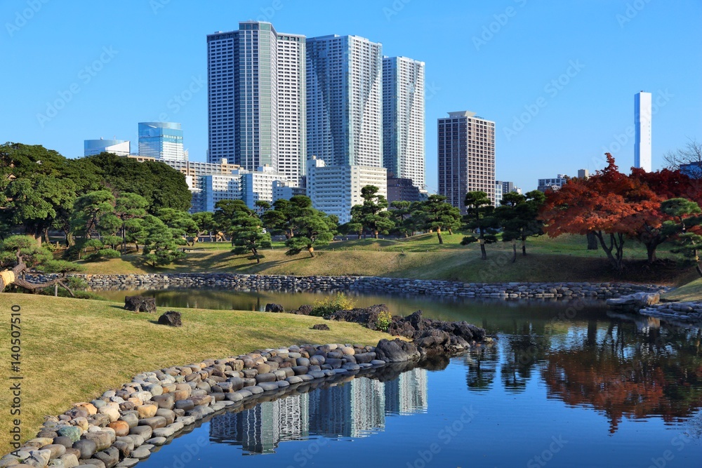 Obraz premium Tokyo park with city skyline