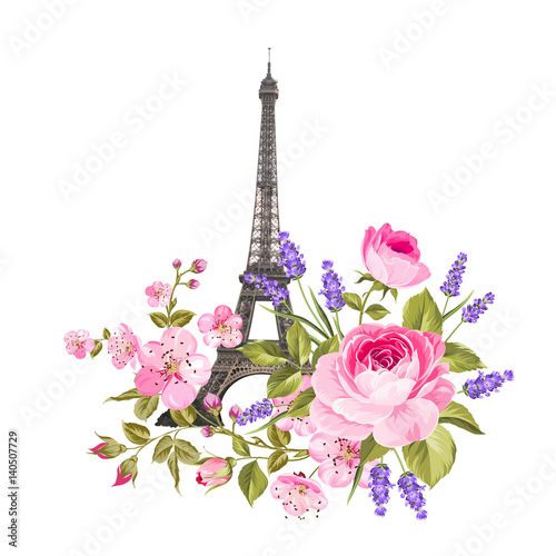 The Eiffel tower card. Eiffel tower simbol with spring blooming flowers over white background. Vector illustration.