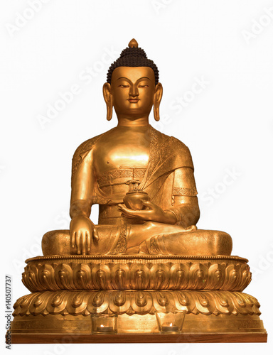 Gold Buddha Gautama statue isolated on the white background  bottom view   Buddha sits in the lotus pose