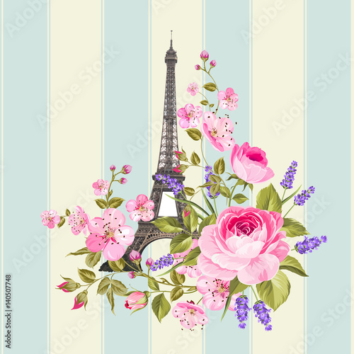 Eiffel tower post card design. Template of vintage post card with eiffel tower and flowers. Vector illustration.