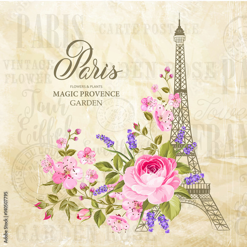 Eiffel tower simbol with spring blooming flowers over old paper texture with sign Paris. Vector illustration.