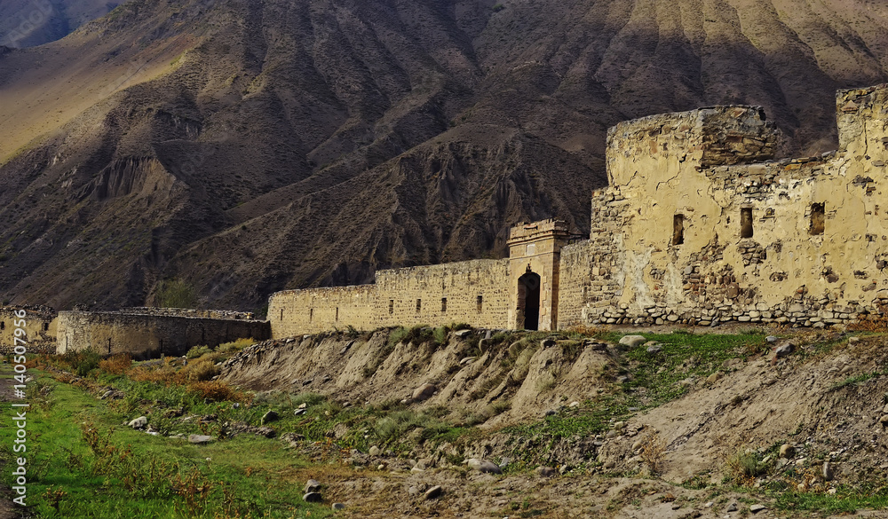 Fortress landscape in Dagestan. Russian Empire fortress in Caucasus mountains, Akhty Fortress 1839 years, Caucasian Wars