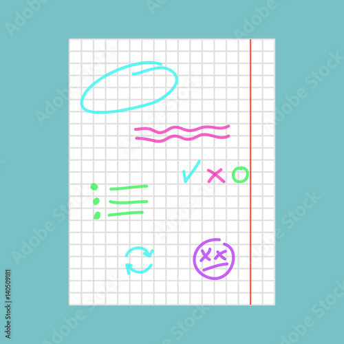 Hand drawn marker lines on squared paper / flat editable vector illustration, clip art