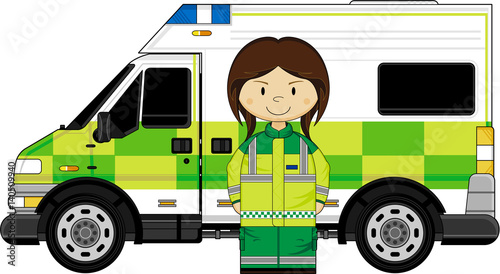 Cute Cartoon EMT Medic and Ambulance
