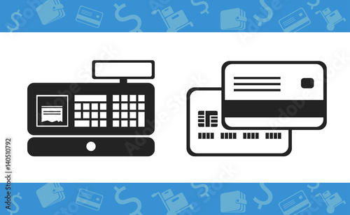 Vector isolated icons of cashbox and credit card on white background.