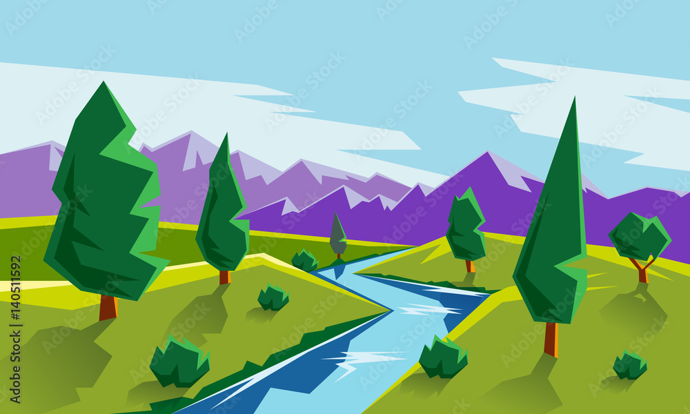 Flat style landscape illustration with valley, mountains and river. Cartoon geometric landscape scene. Flat style landscape illustration with valley, mountains and river. Cartoon geometric landscape scene.