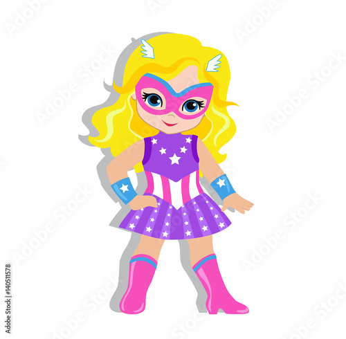 Illustration cute girl in the costume of a superhero. Vector illustration isolated on gray background. © sandybar