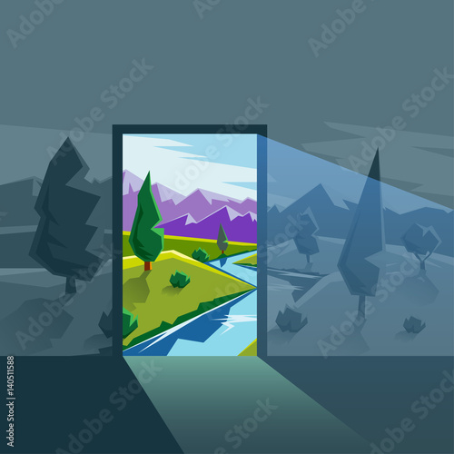The door into the real world. Flat style landscape illustration with valley, mountains and river. Changing seasons and weather.