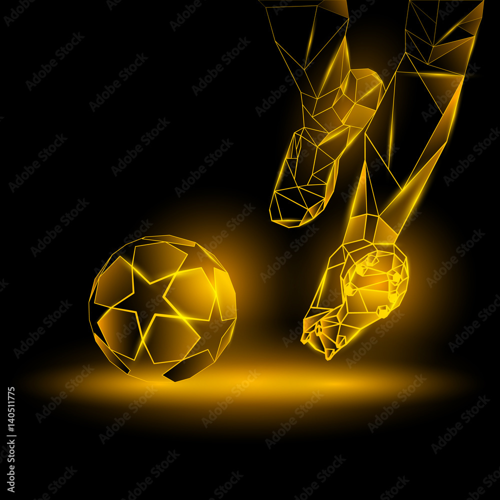 Polygonal Football Kickoff illustration. Soccer player hits the ball. Sports  yellow neon background. Stock Vector