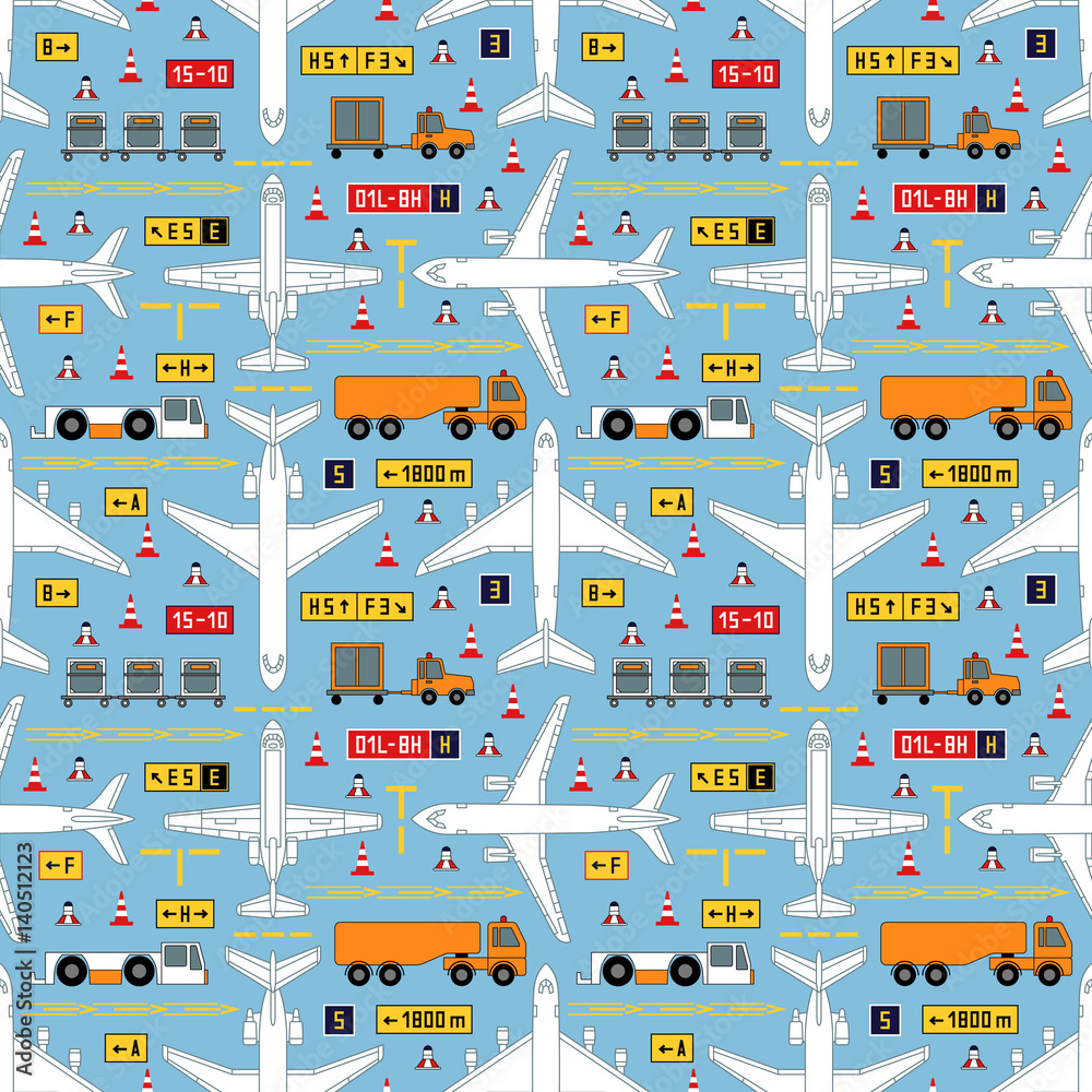 seamless aviation pattern with airplanes and airport vehicles