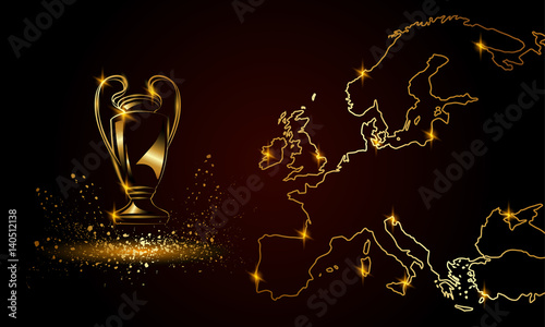 Champions Cup with a linear map. Golden Soccer trophy.