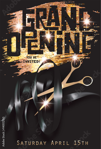 Gold and black grand opening invitation card with gold scissors and black satin curly ribbon