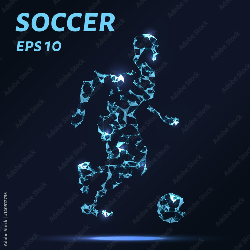 The football player consists of points, lines and triangles. The polygon shape in the form of a silhouette of a football player on dark background. Vector illustration. Graphic concept football The football player consists of points, lines and triangles. The polygon shape in the form of a silhouette of a football player on dark background. Vector illustration. Graphic concept football