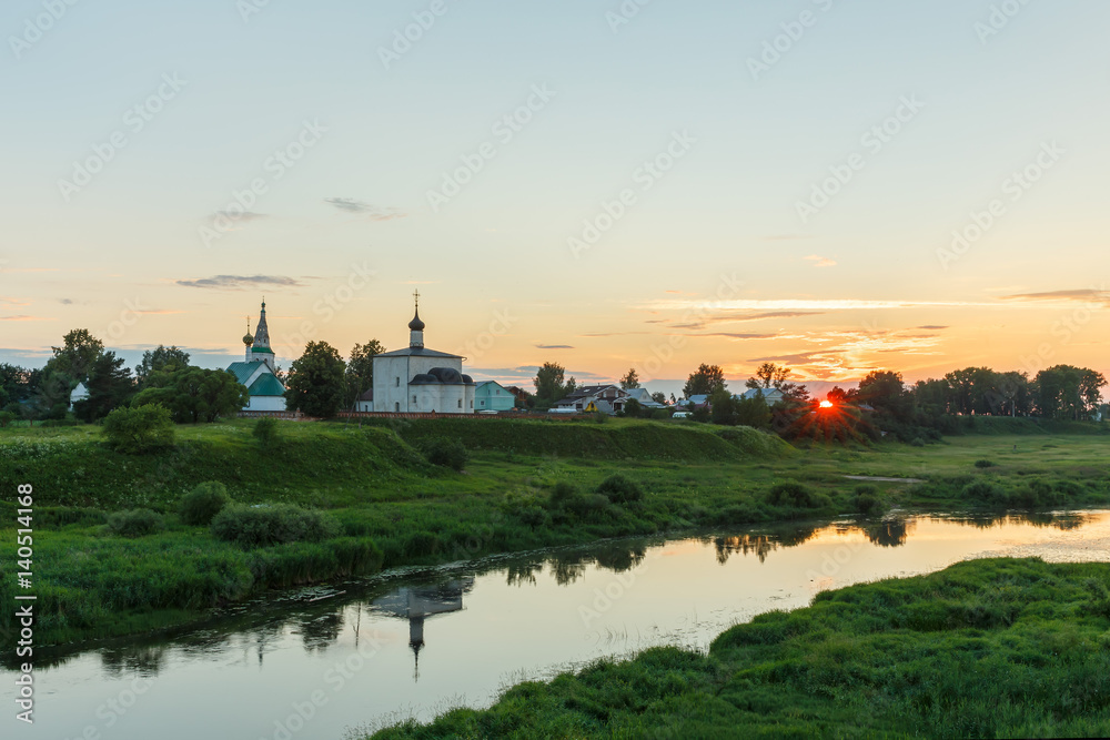 The sunset at the ancient village of Kideksha, Russia.