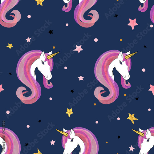 Seamless unicorns pattern. Vector magic illustration for kids design.