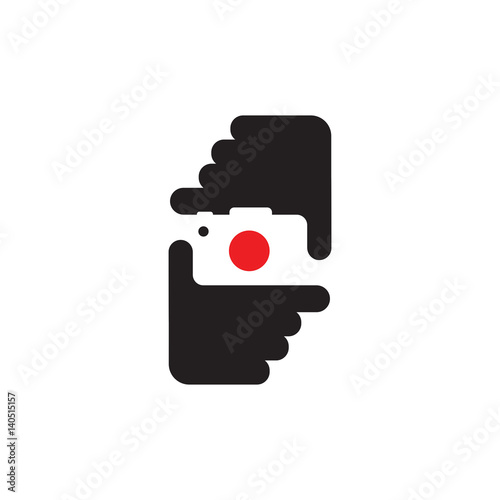 Hands holding camera. Editable vector in black and red