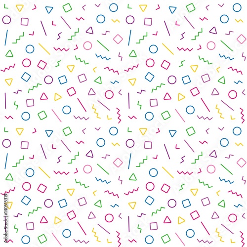 Geometric seamless pattern in Memphis style. Abstract hipster pattern with lines, squares, triangles and circles. Vector background Illustration