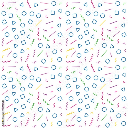Geometric seamless pattern in Memphis style. Abstract hipster pattern with lines, squares, triangles and circles. Vector background Illustration