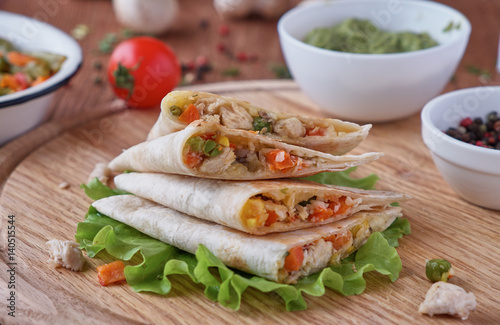 Quesadilla with cheese, chicken, mushrooms and vegetables